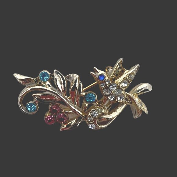 Bird Brooch Gold Tone‎ Flower Pink Blue Clear Rhinestone Vintage Pin - Picture 1 of 8